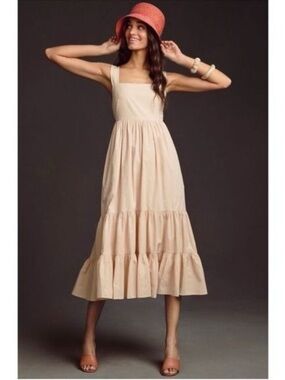 Anthropologie S Blush Cream Tiered Maxi Midi Dress Cottage Coastal Boho Vacation